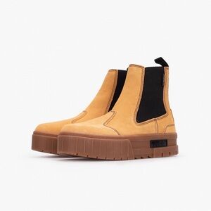 Puma Suede Chelsea Mayze Tan Ankle Boots with Black Panels